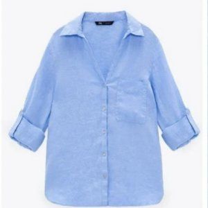 ZARA Light Blue Plain 100% Linen Shirt. Size Small